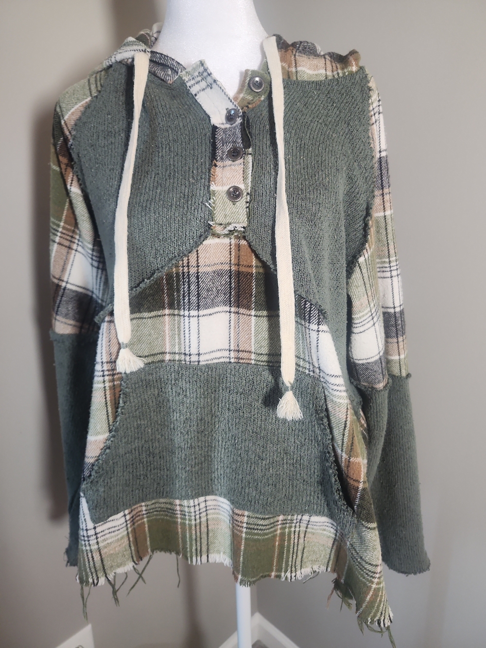 POL Green Patchwork Raw Edge Plaid  Hoodie Oversized Cozy Gorpcore Lagenlook Med